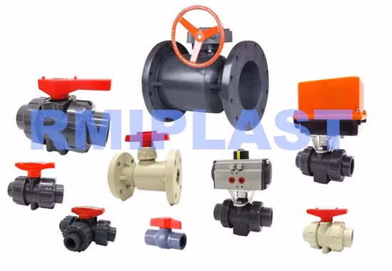 Plástico PVC PVDF PP Pph CPVC UPVC Palanca manual Rueda de engranaje Vertedero Válvula de diafragma Válvula de mariposa/brida Válvula de bola True Union/Válvula de retención de giro eléctrica neumática